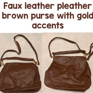 Faux leather pleather brown purse with gold accents vegan never used